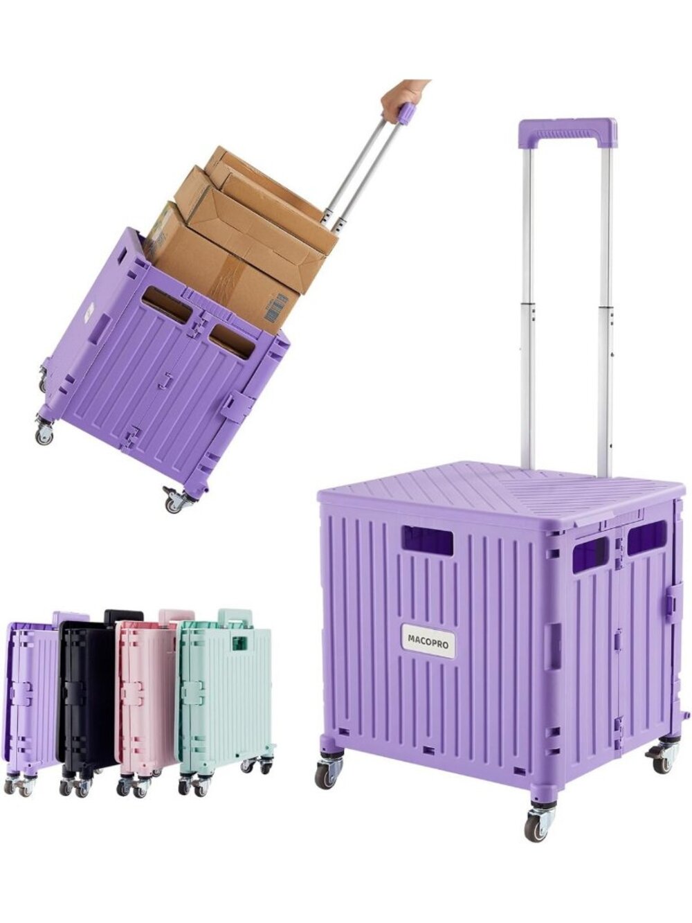 Foldable Utility Cart - Portable Rolling Crate with Telescoping Handle & 4